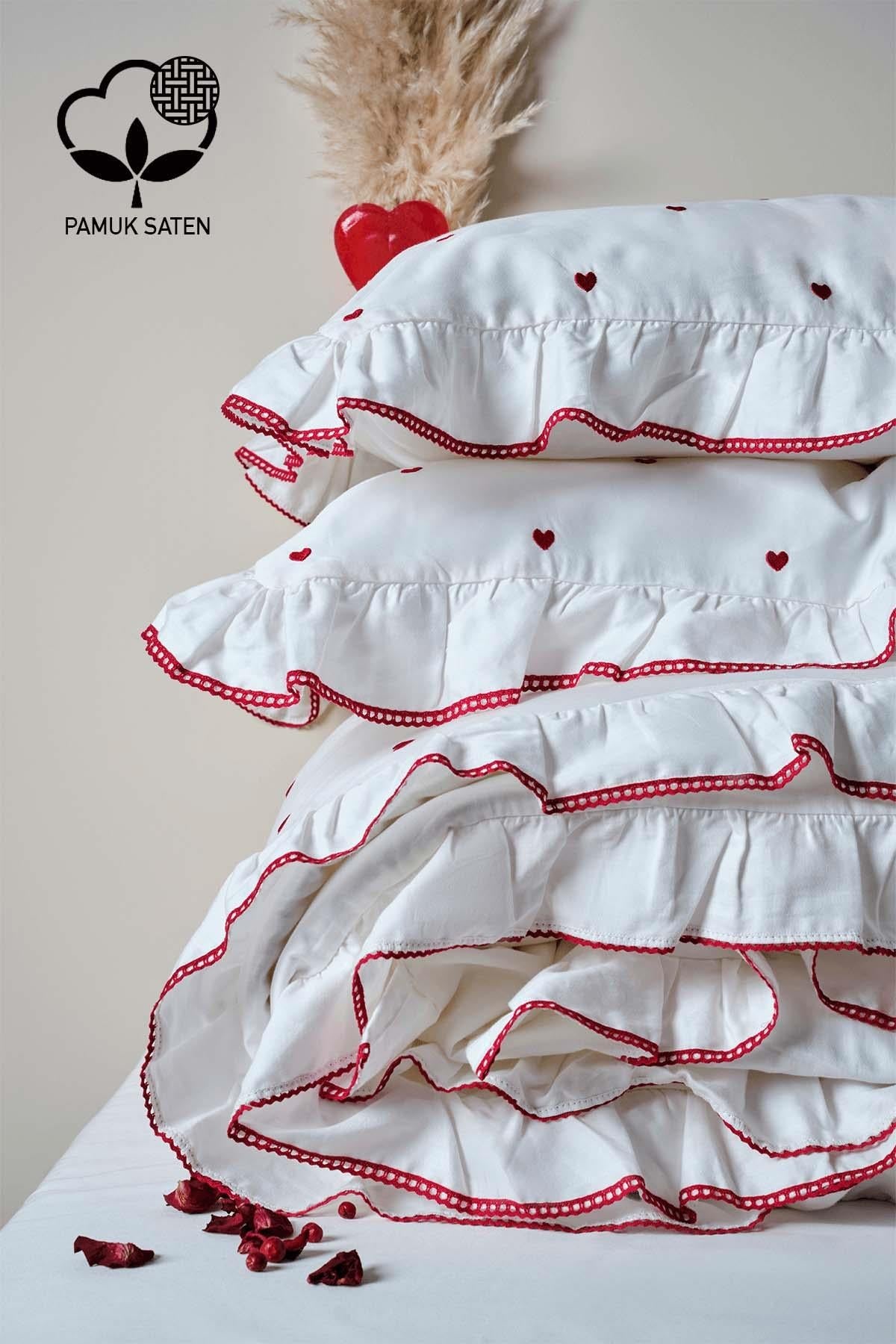Set Copripiumino Matrimoniale King Size Amore in Raso di Cotone con Ricamo a Cuore, 6 Pezzi
