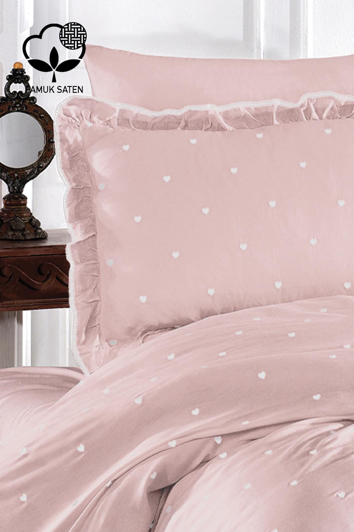 Set Copripiumino Matrimoniale King Size Amore in Raso di Cotone con Ricamo a Cuore, 6 Pezzi