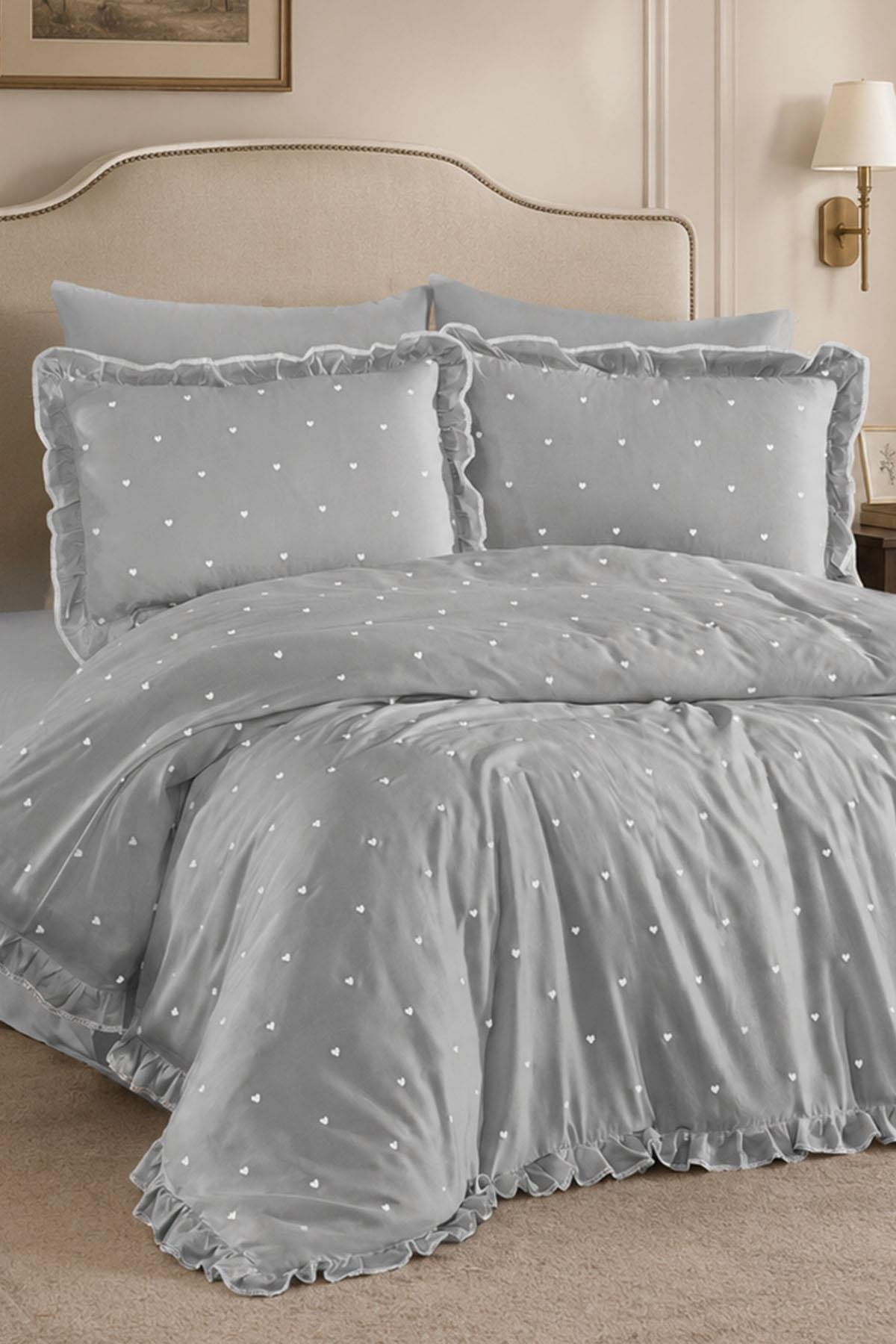 Set Copripiumino Singolo 4 Pezzi in Raso di Cotone con Ricamo a Cuore Amore