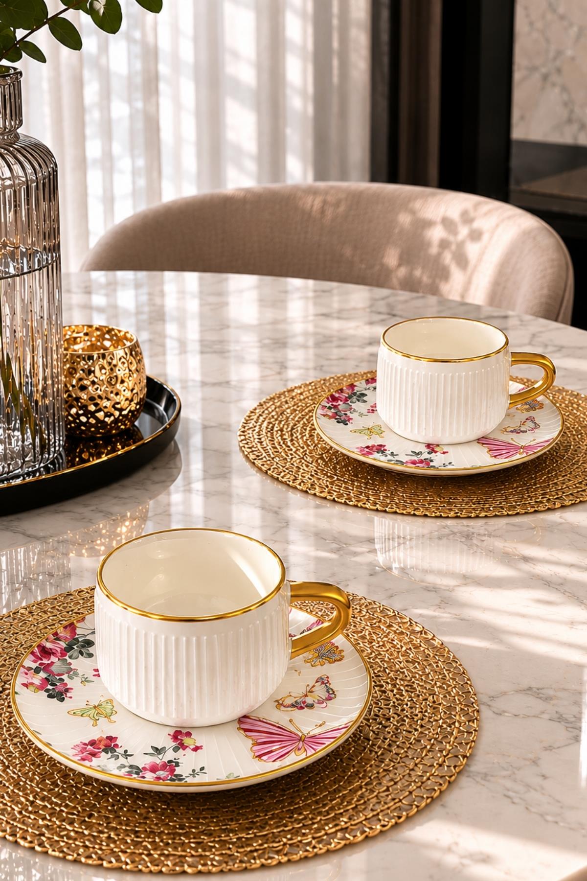 Set di 2 Tazzine da Caffè Premium Butterfly Poem, Placcato Oro 24K