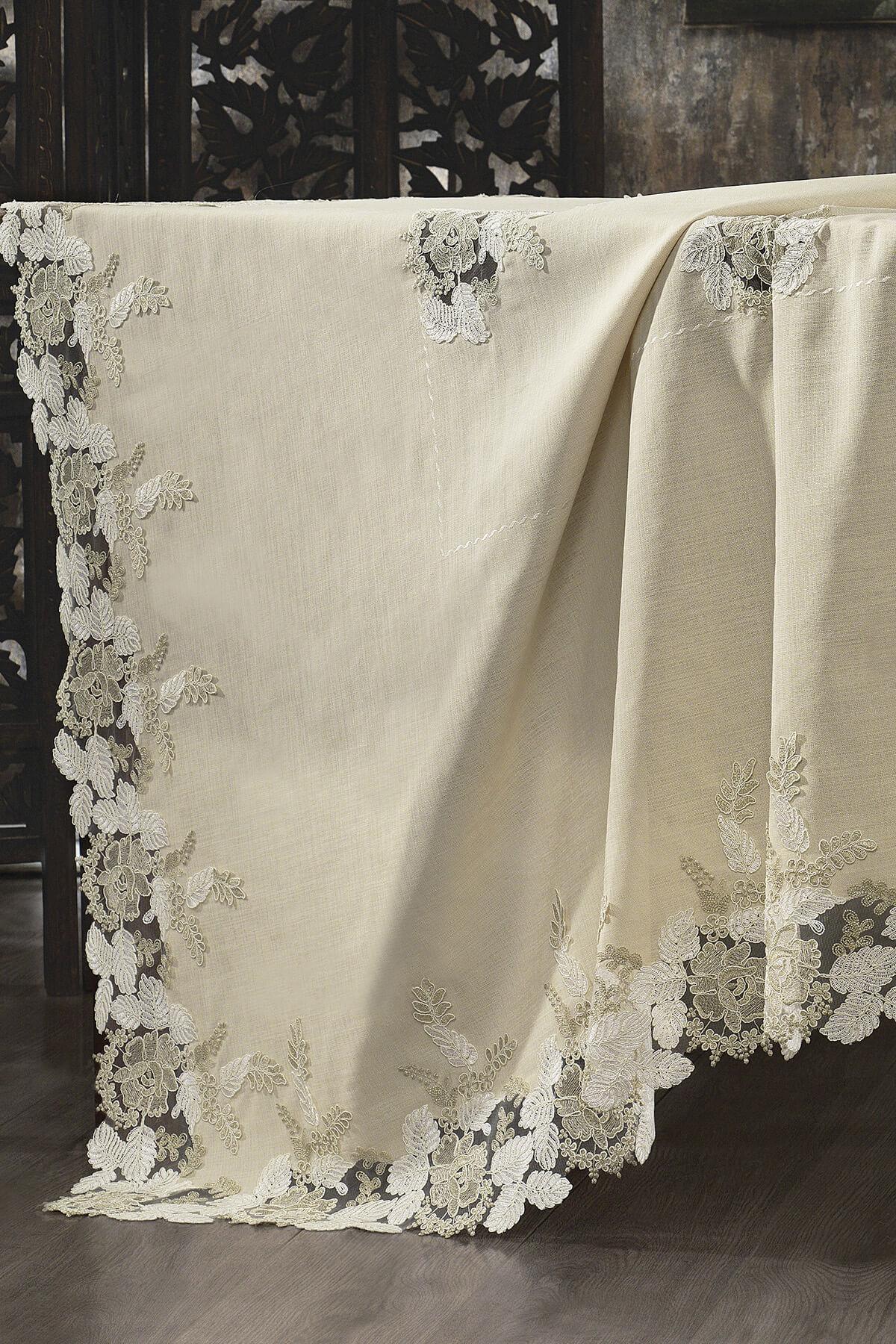 Tovaglia color crema antimacchia, elegante tovaglia con bordi in pizzo a motivi floreali