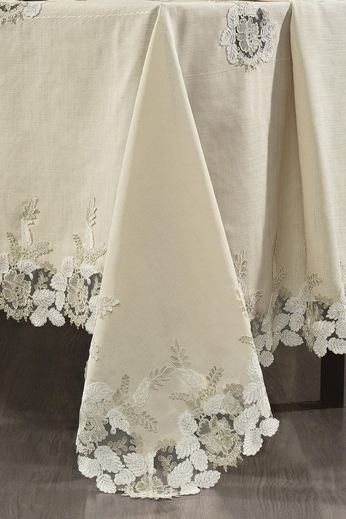 Tovaglia color crema con ricami in pizzo, antimacchia, elegante decorazione per tavolo da pranzo