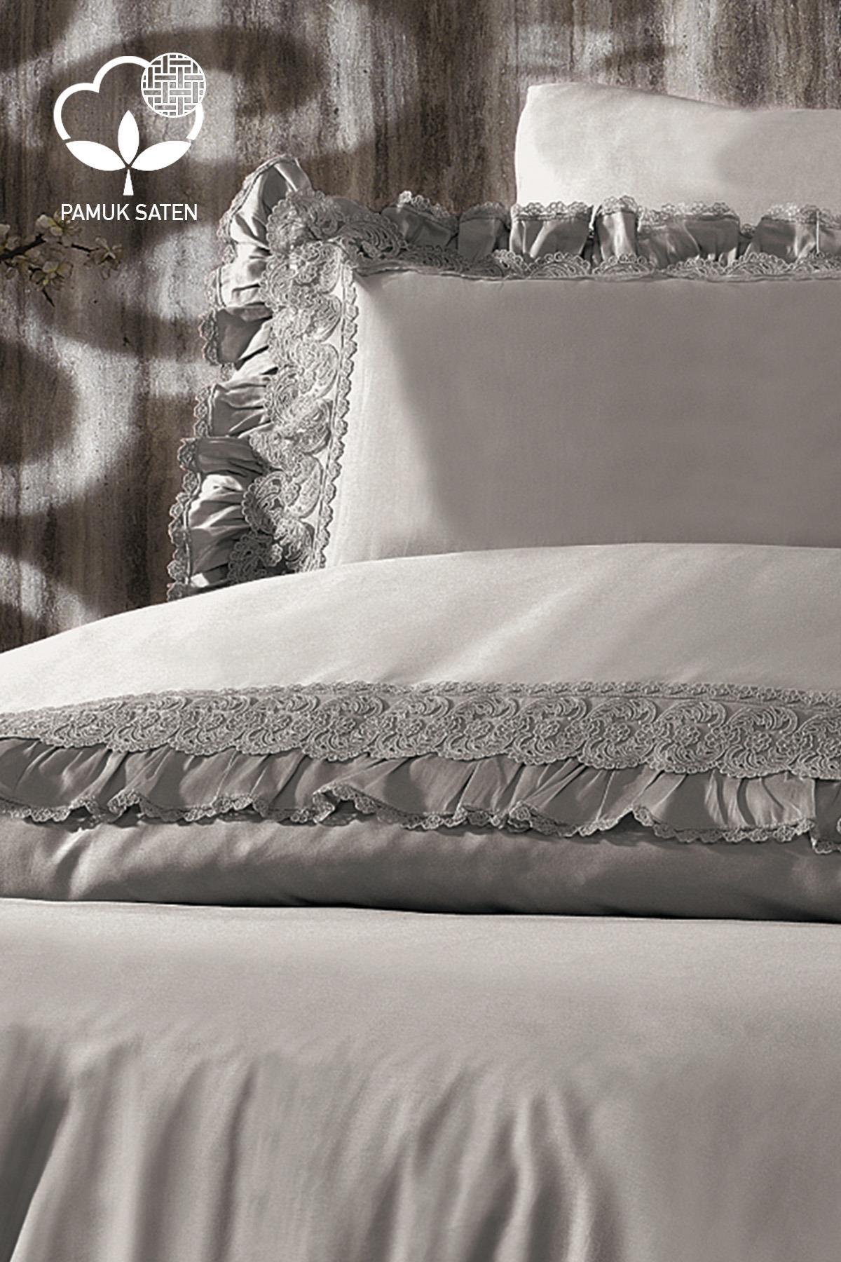 Set copripiumino matrimoniale in raso di cotone biologico con pizzo grigio, elegante completo da letto