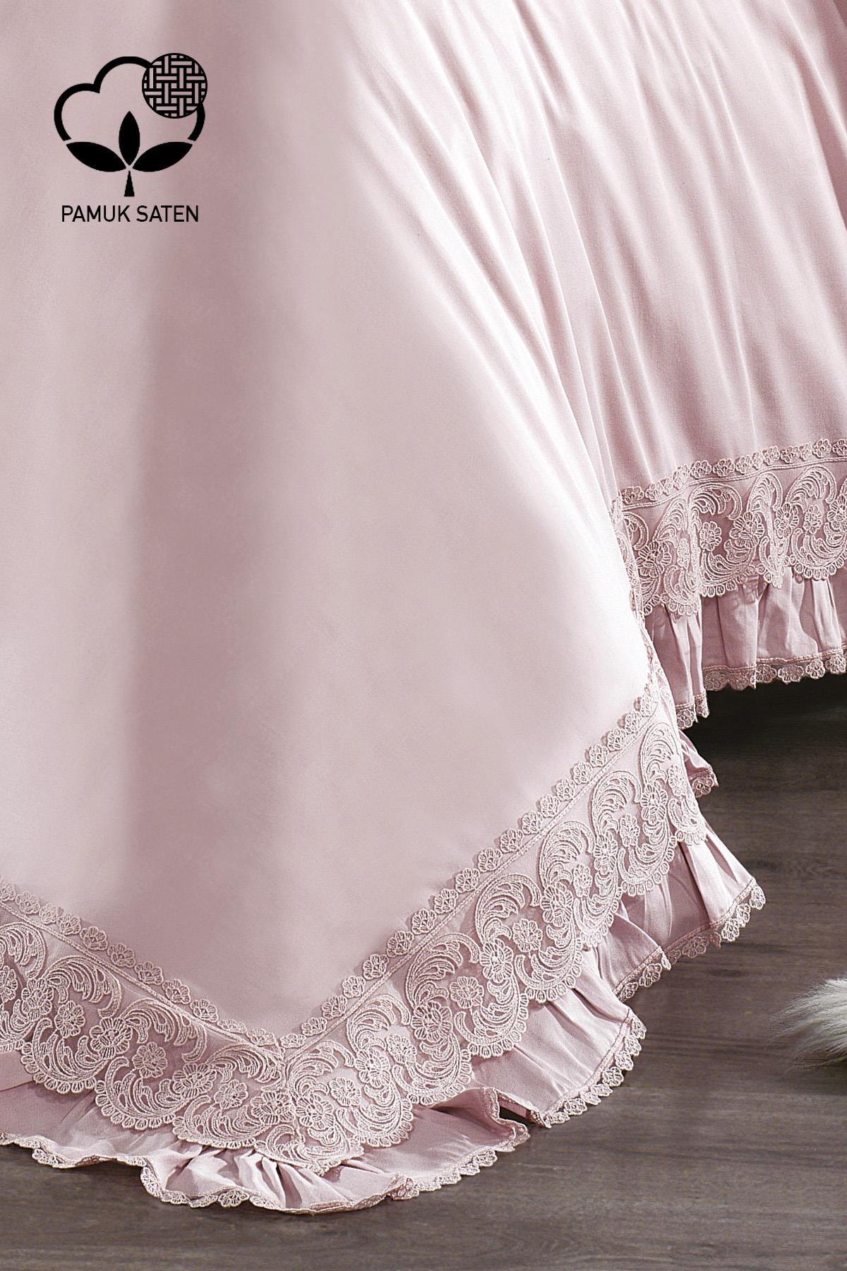 Set copripiumino matrimoniale in raso di cotone biologico con pizzo color cipria