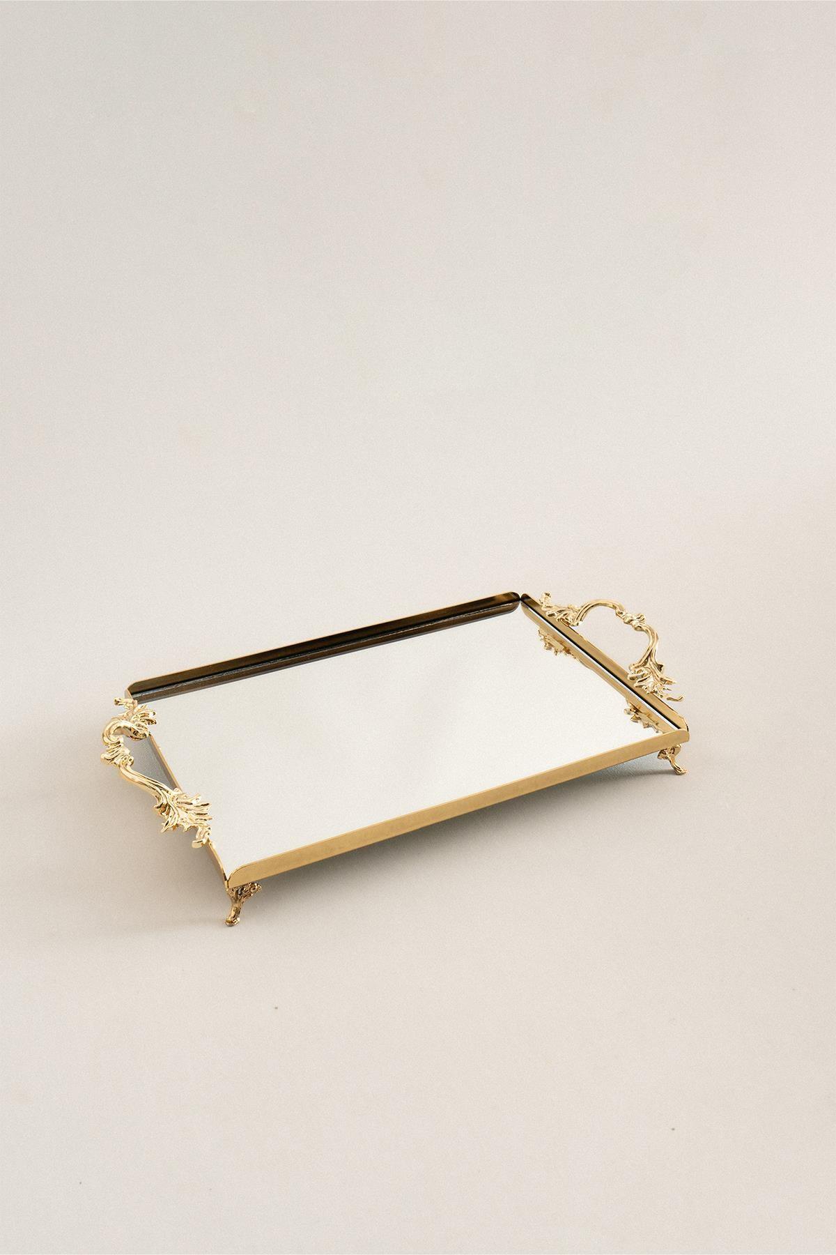 Vassoio rettangolare in metallo di medie dimensioni, elegante vassoio da portata decorativo con manici color oro