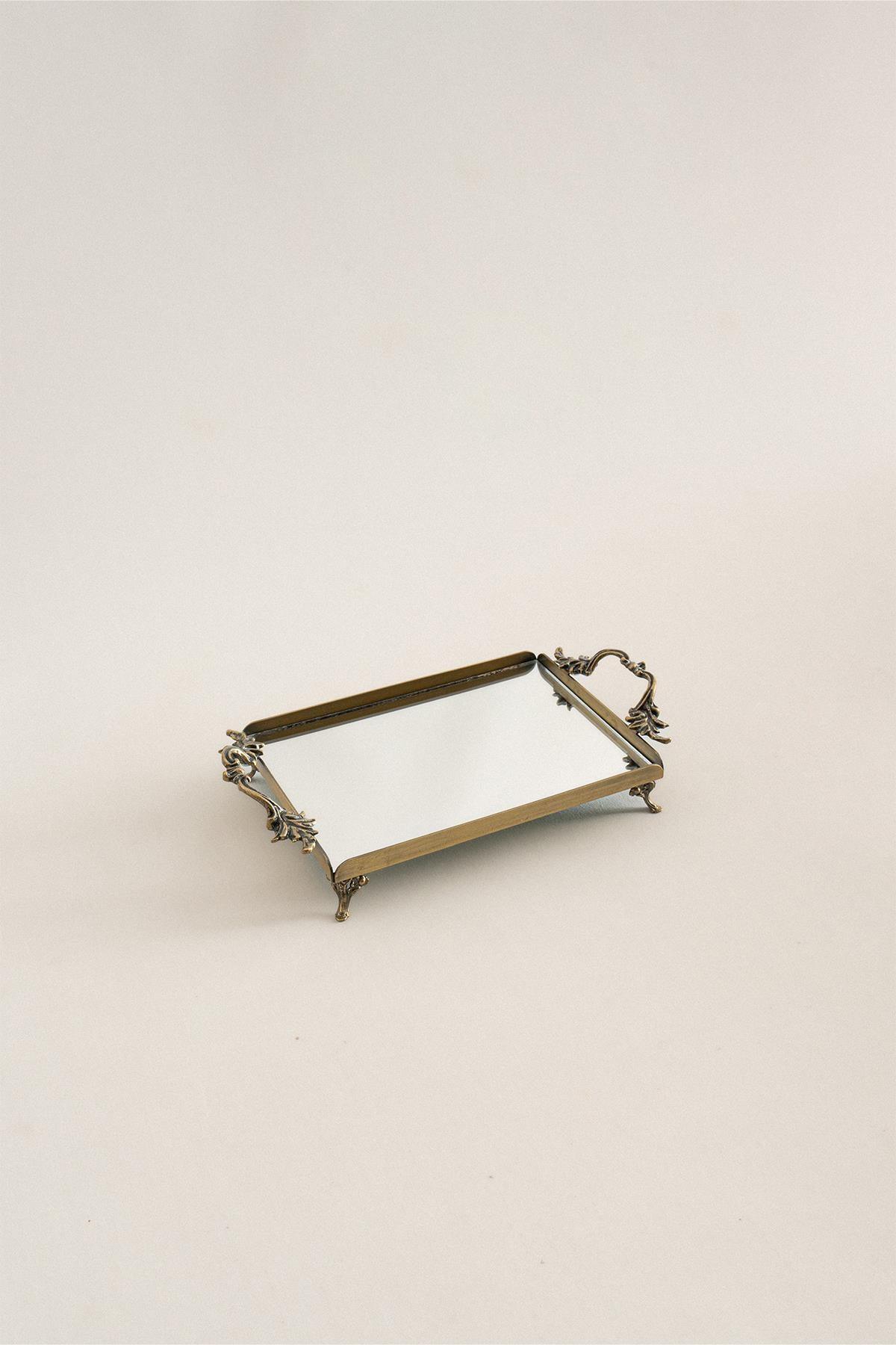 Mini vassoio anticato con manici eleganti, vassoio decorativo con superficie a specchio e piedini in metallo anticato