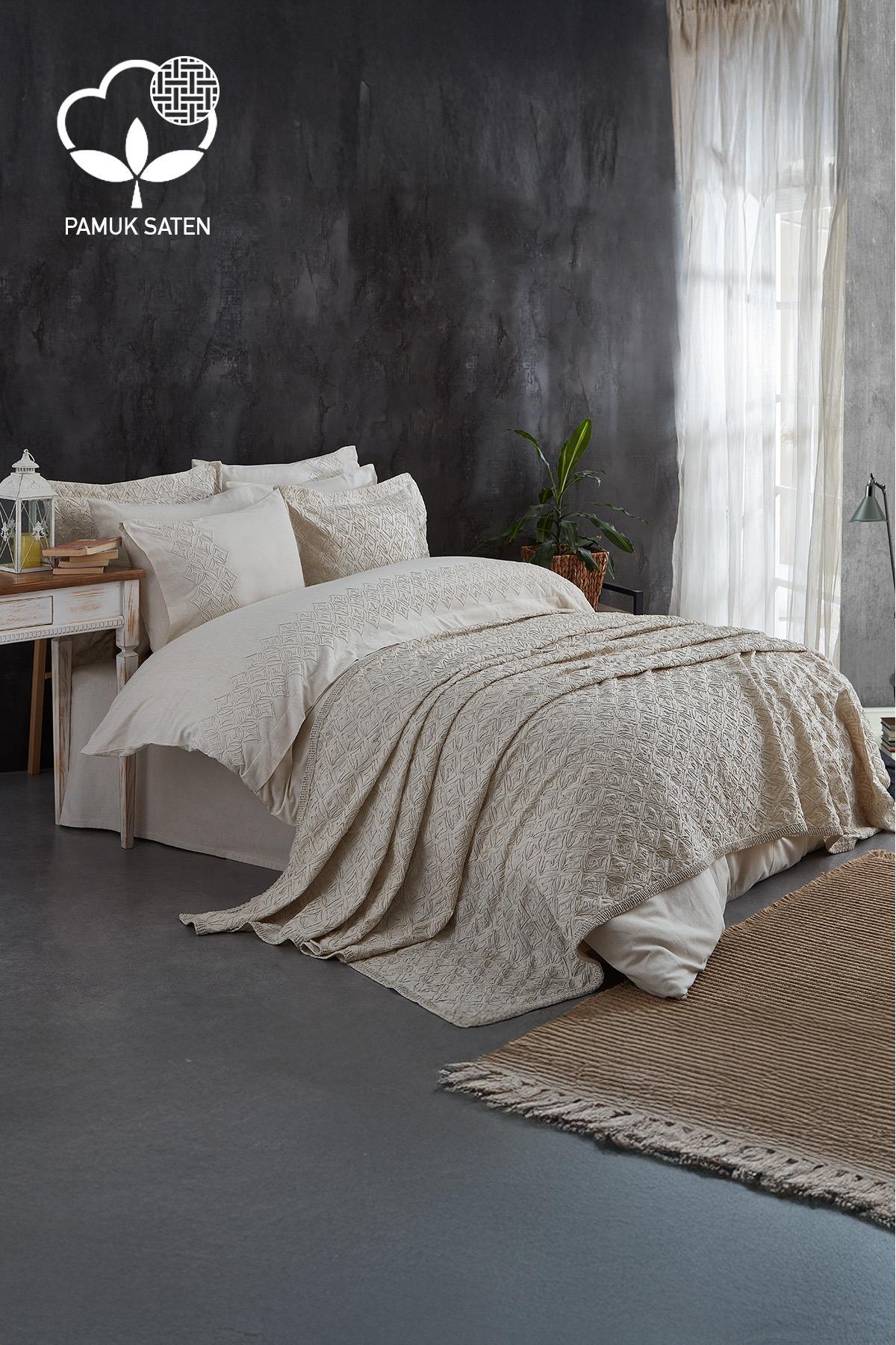 Set copripiumino e copriletto matrimoniale da 9 pezzi in raso di cotone color beige, decorazione per camera da letto moderna