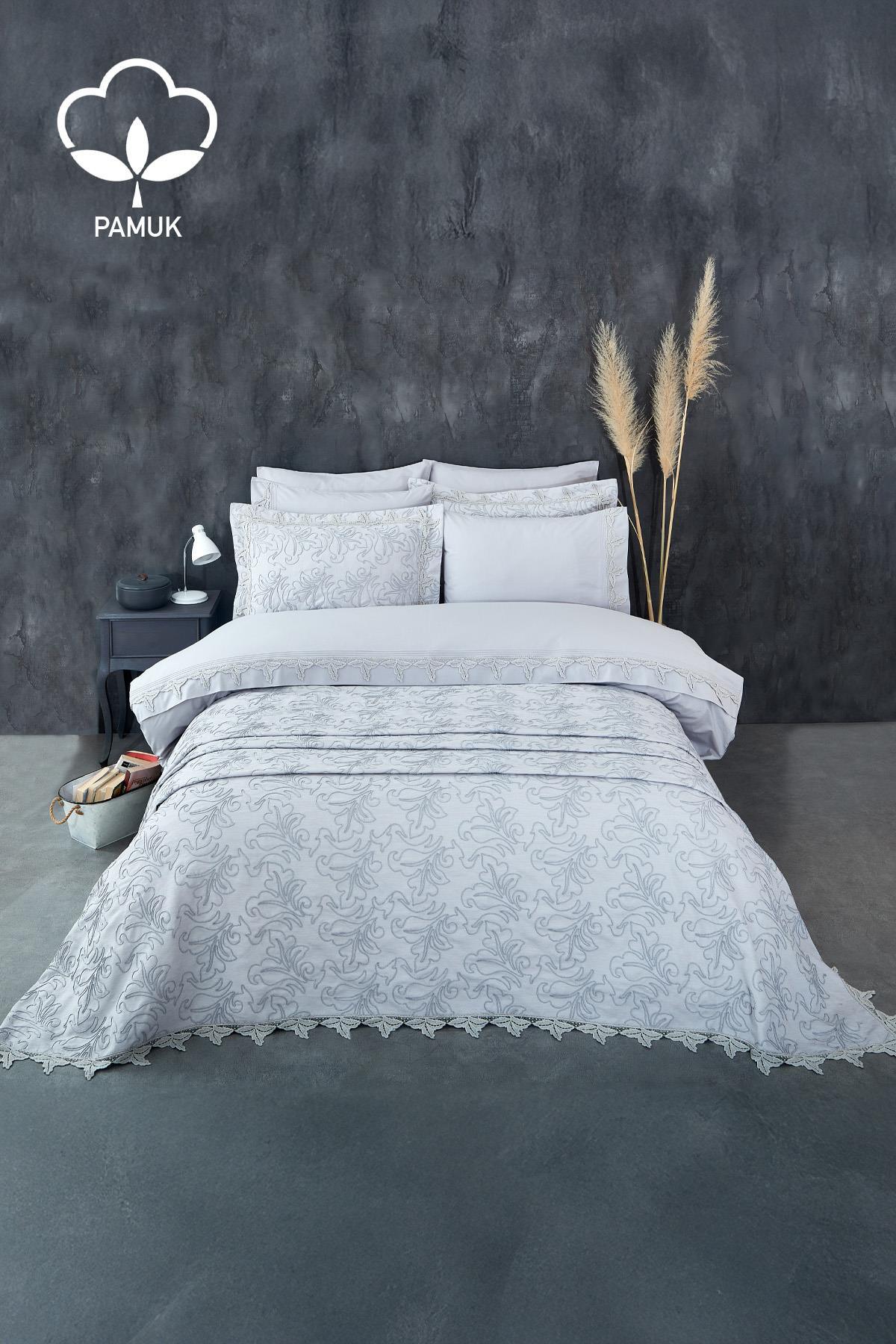 Set copripiumino e copriletto matrimoniale 9 pezzi con ricamo Ribera - Nazik Home - Dai valore alla tua casa!