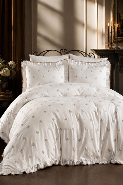 Serena Bow Embroidered Cotton Satin King Size 6-Piece Duvet Cover Set