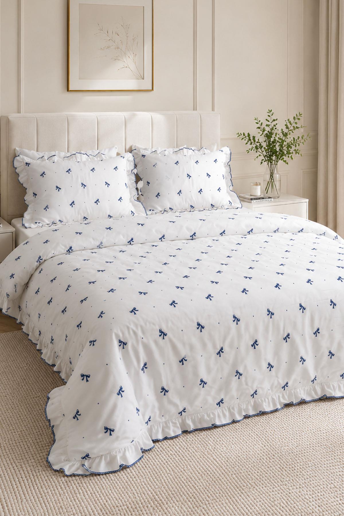 Set Copripiumino Serena in Raso di Cotone con Ricamo a Fiocco, 6 Pezzi, Super King Size