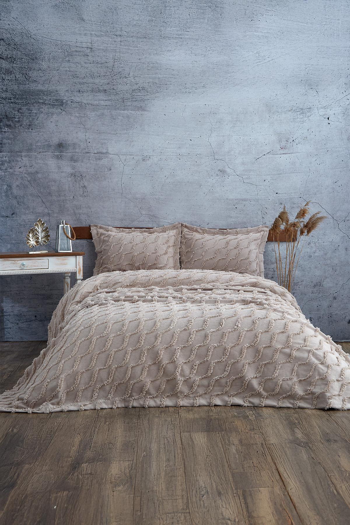 Copriletto singolo in peluche con texture effetto lino beige, decorazione per camera da letto moderna