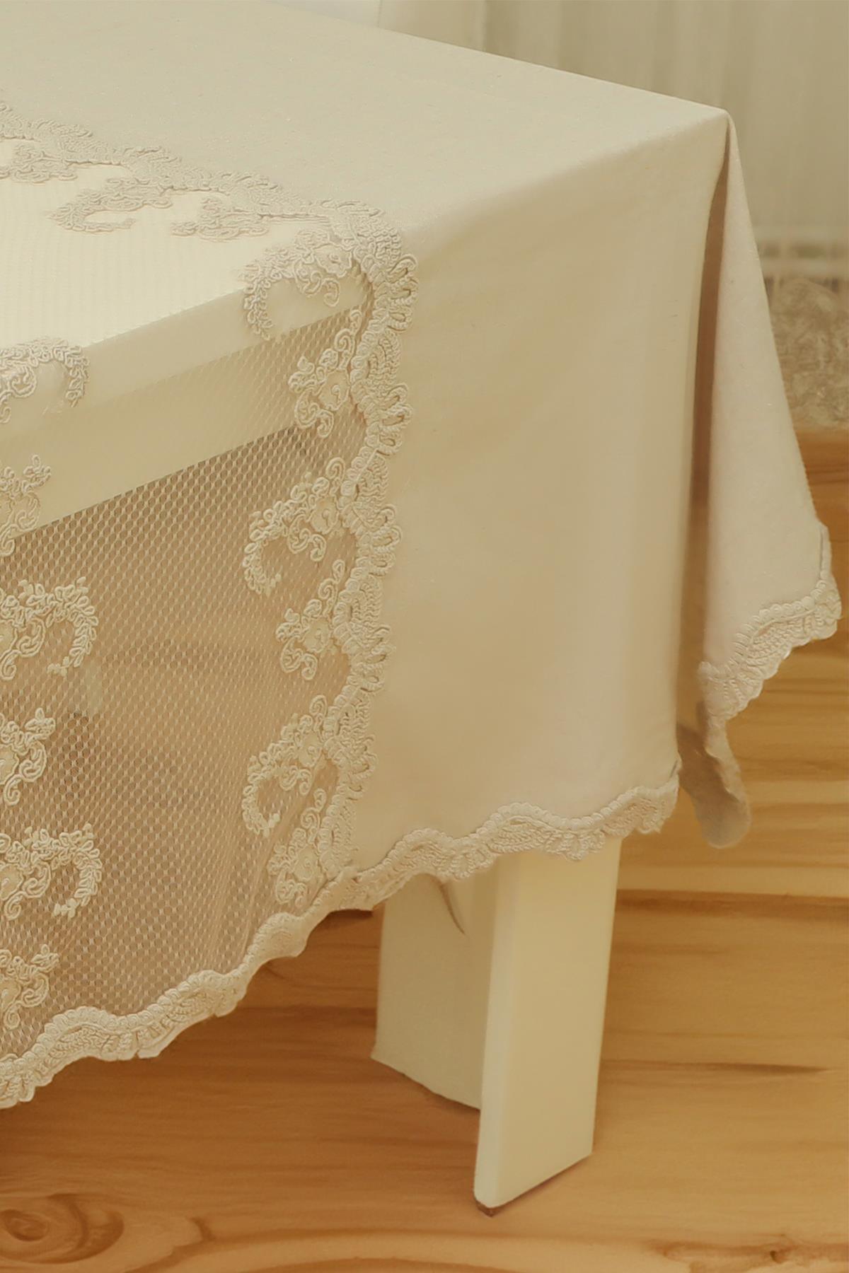 Tovaglia color crema con pizzo, per tavolo rettangolare, design elegante e raffinato