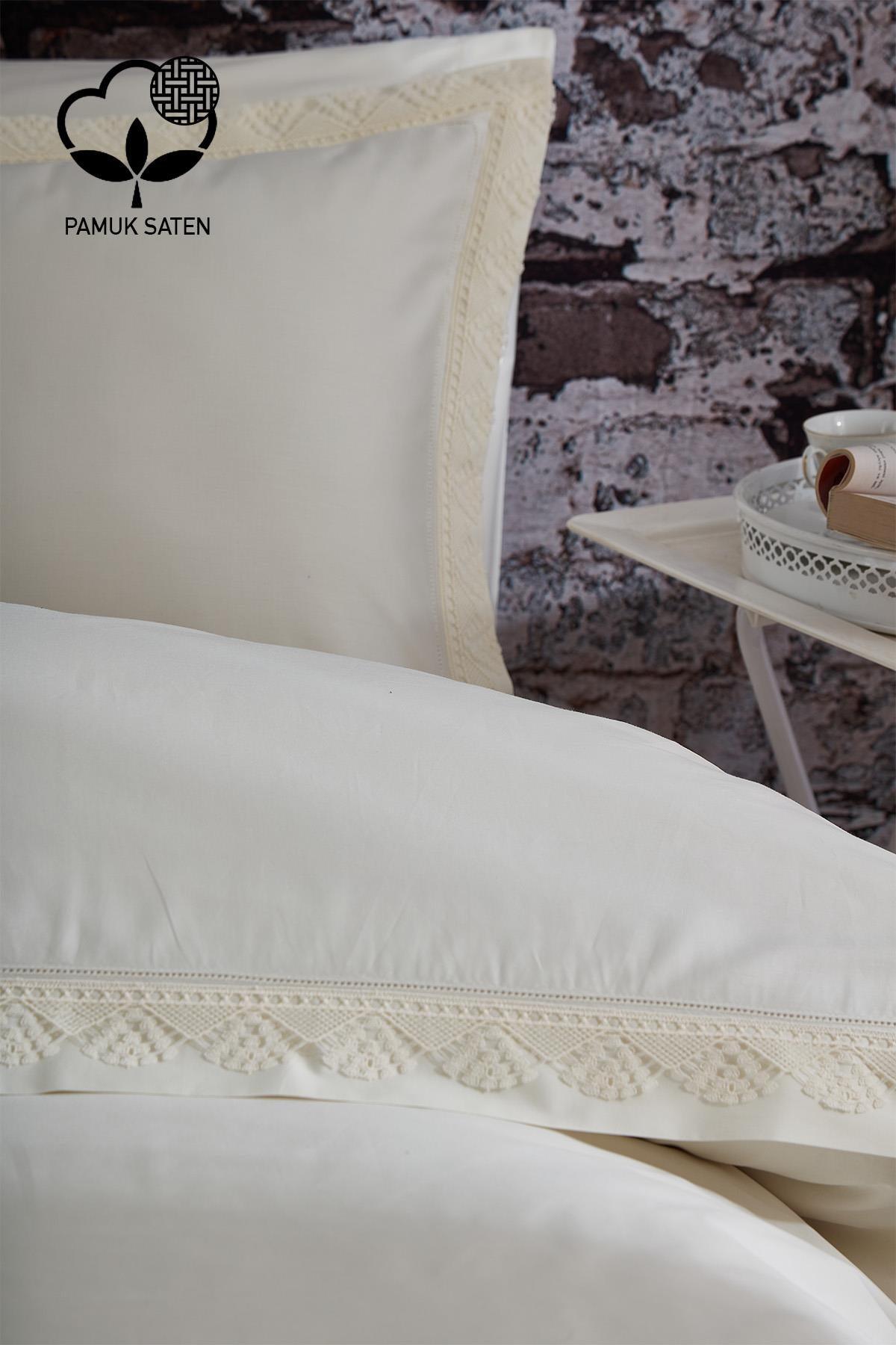 Set copripiumino 6 pezzi in raso di cotone 300 TC con pizzo, misura Super King - Nazik Home - Valore alla mia casa!
