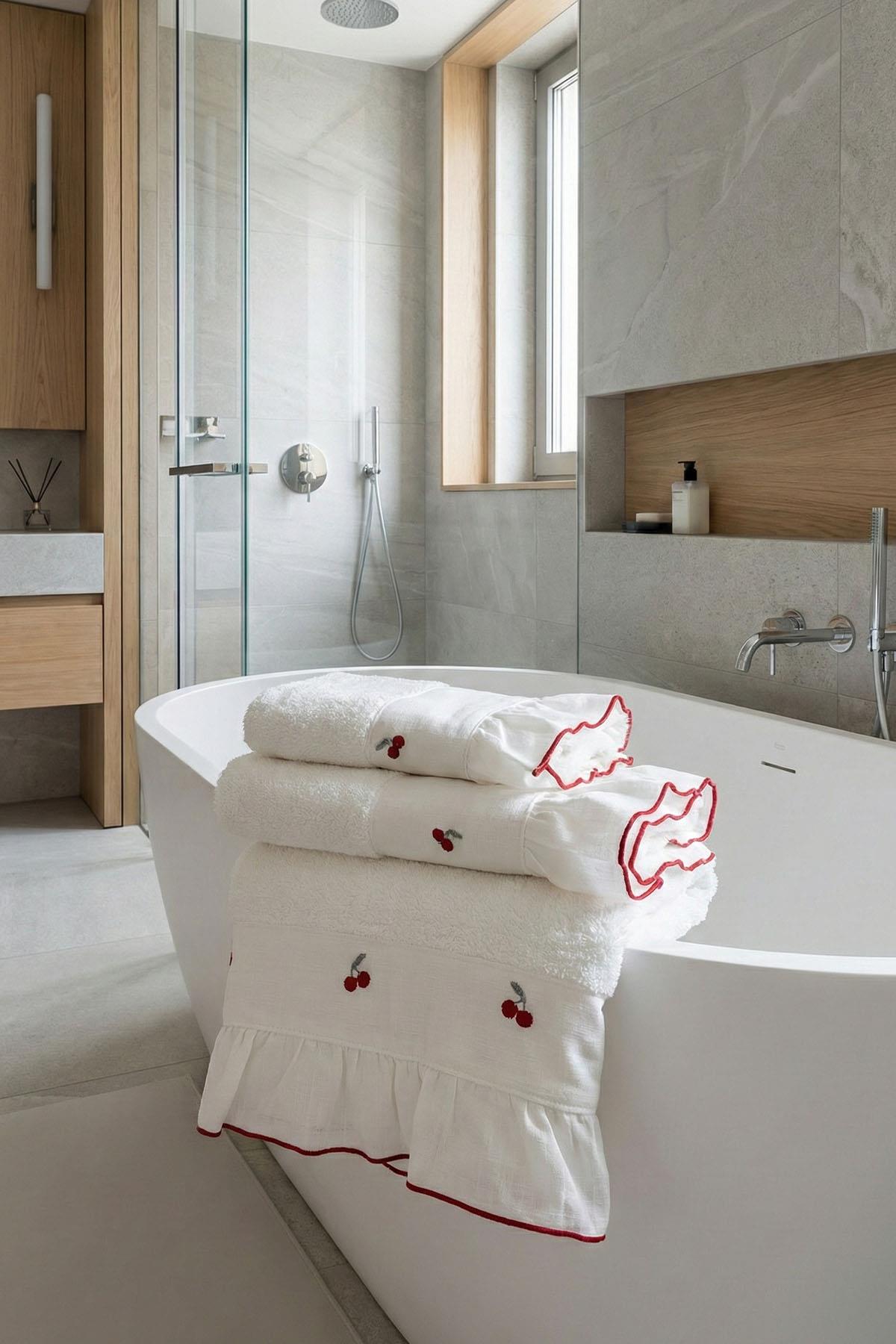 Asciugamano da bagno con ricamo a ciliegie (90 x 150 cm)