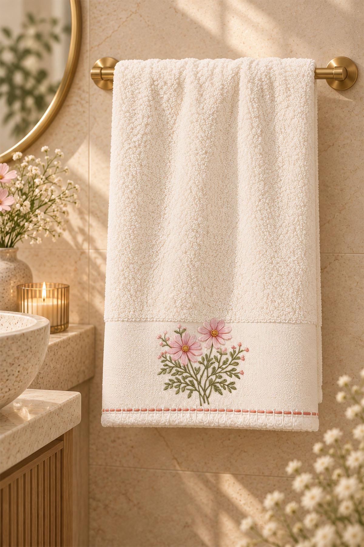 Asciugamano viso ricamato con fiore di Fiorella (50 x 90 cm)