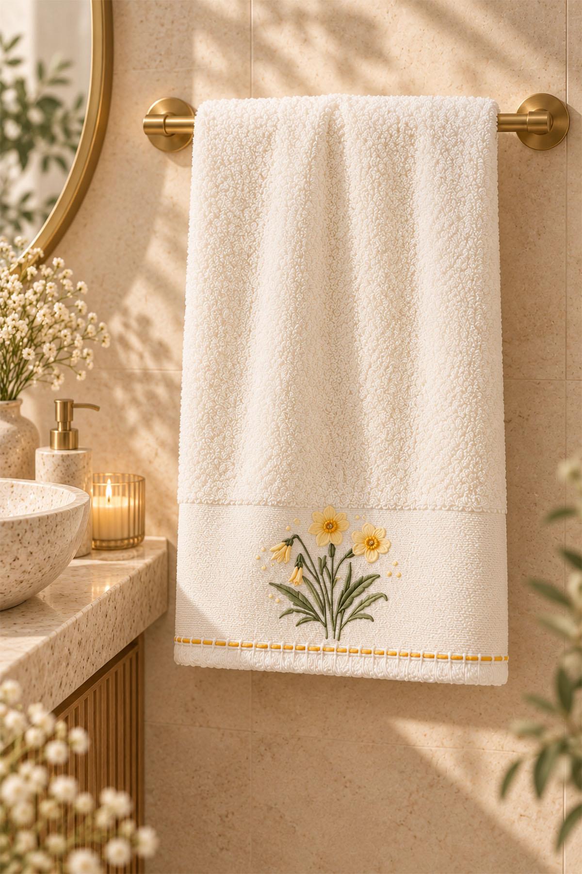 Asciugamano viso ricamato con fiore di Fiorella (50 x 90 cm)