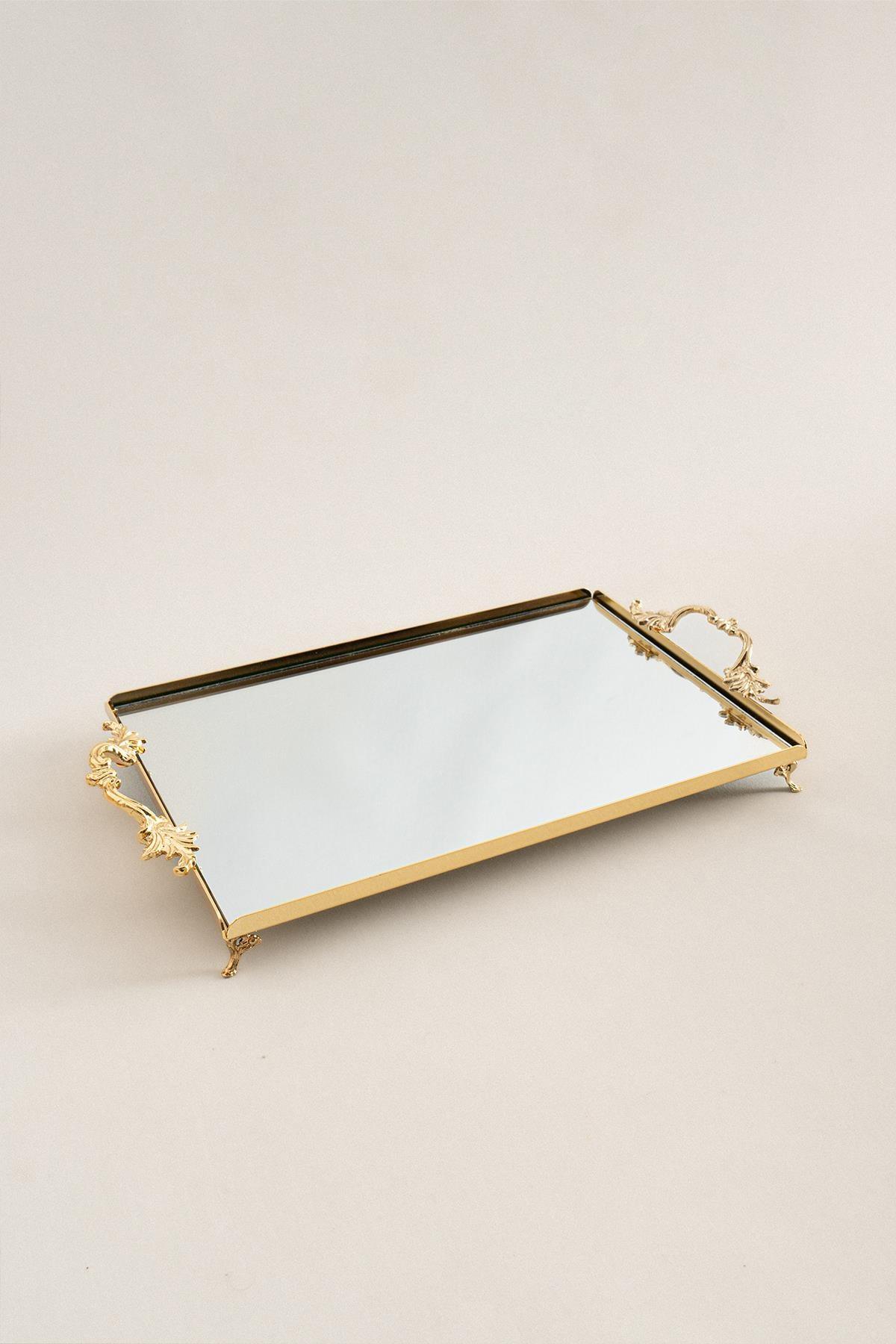 Grande vassoio da portata dorato con superficie a specchio e manici eleganti, vassoio decorativo 40x26 cm