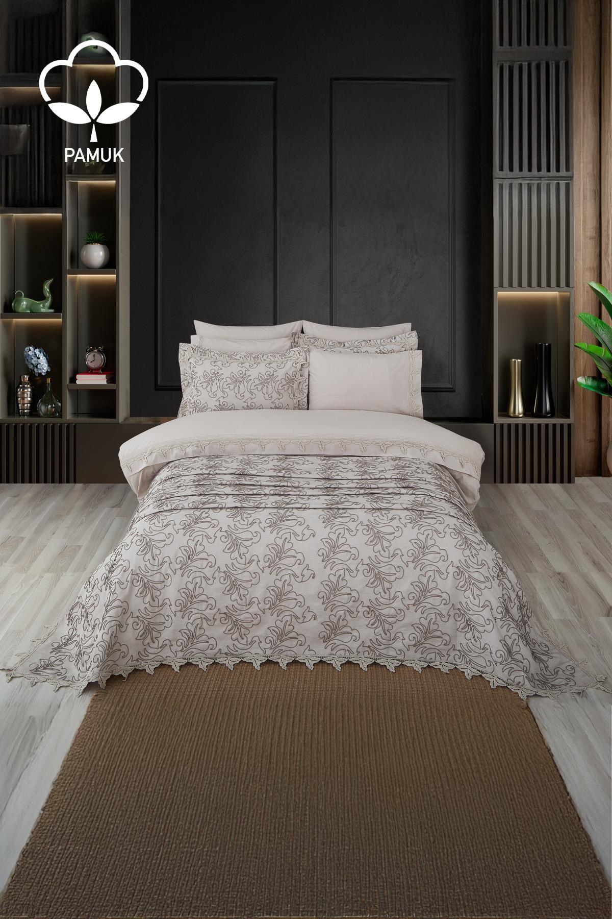Set copripiumino e copriletto matrimoniale 9 pezzi con ricamo Ribera - Nazik Home - Dai valore alla tua casa!