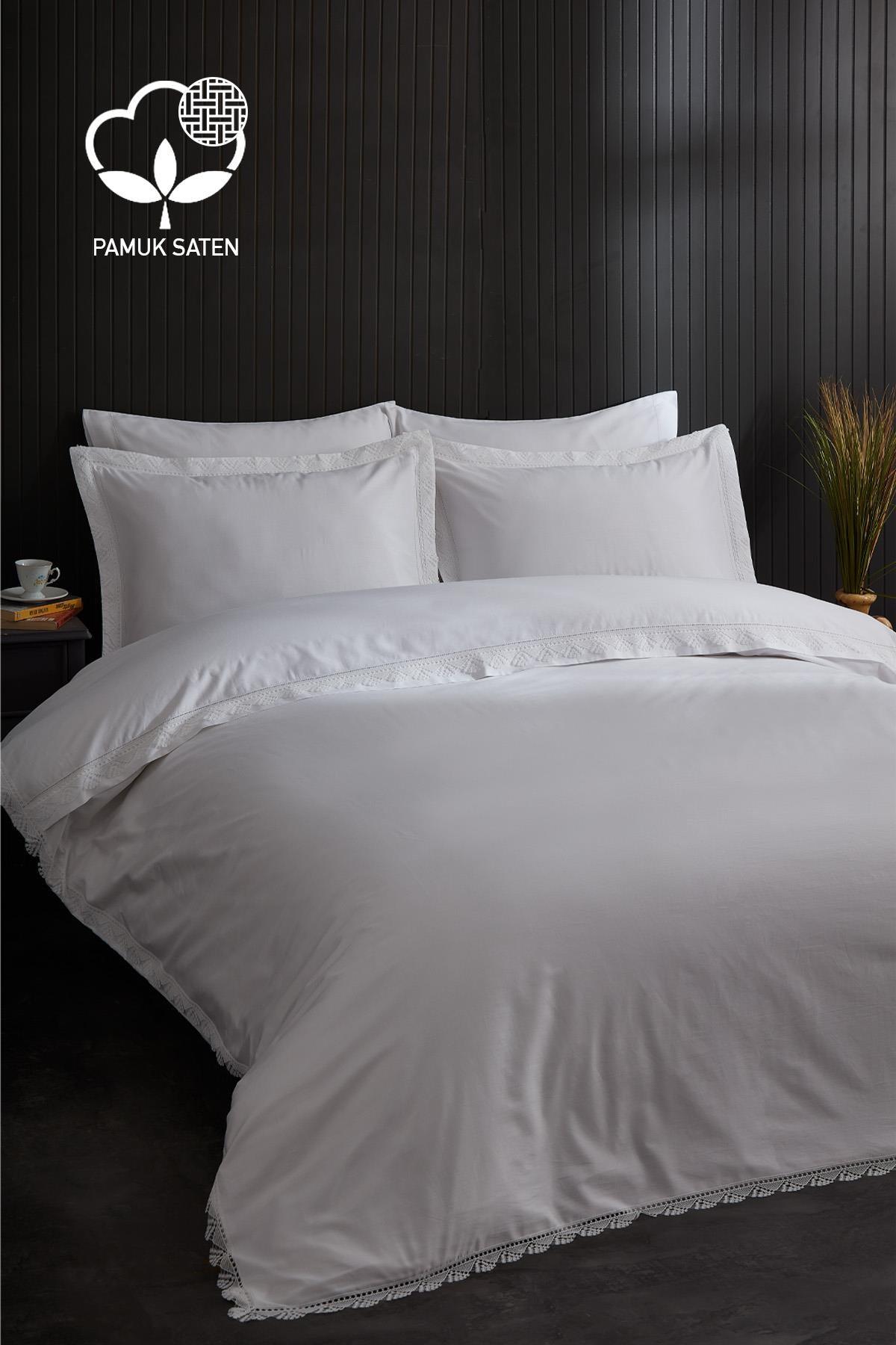 Set copripiumino 6 pezzi in raso di cotone 300 TC con pizzo, misura Super King - Nazik Home - Valore alla mia casa!