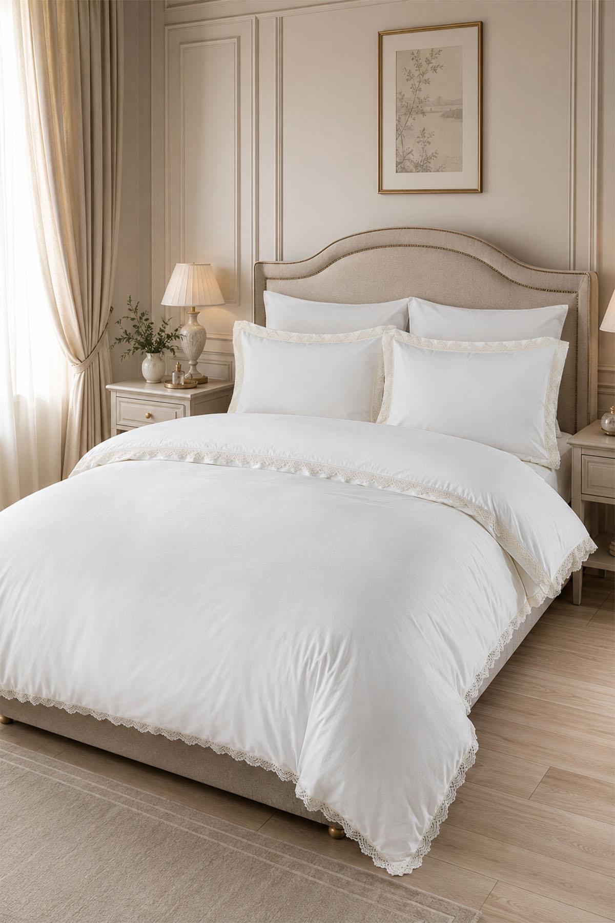 Set di biancheria da letto in raso di cotone 300 TC con pizzo, 6 pezzi, Super King Size